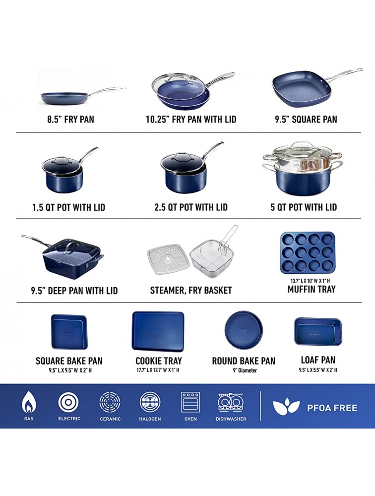 Granitestone Blue 20 Piece Pots and Pans Set Complete Cookware & Bakeware Set with Ultra Nonstick Durable Mineral & Diamond Surface Stainless Stay Cool Handles Oven & Dishwasher Safe 100% PFOA Free - BK0ZNO4EU