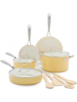 GreenLife Artisan Healthy Ceramic Nonstick 12 Piece Cookware Pots and Pans Set Stainless Steel Handle PFAS-Free Dishwasher Safe Oven Safe Yellow - BP85BHESE