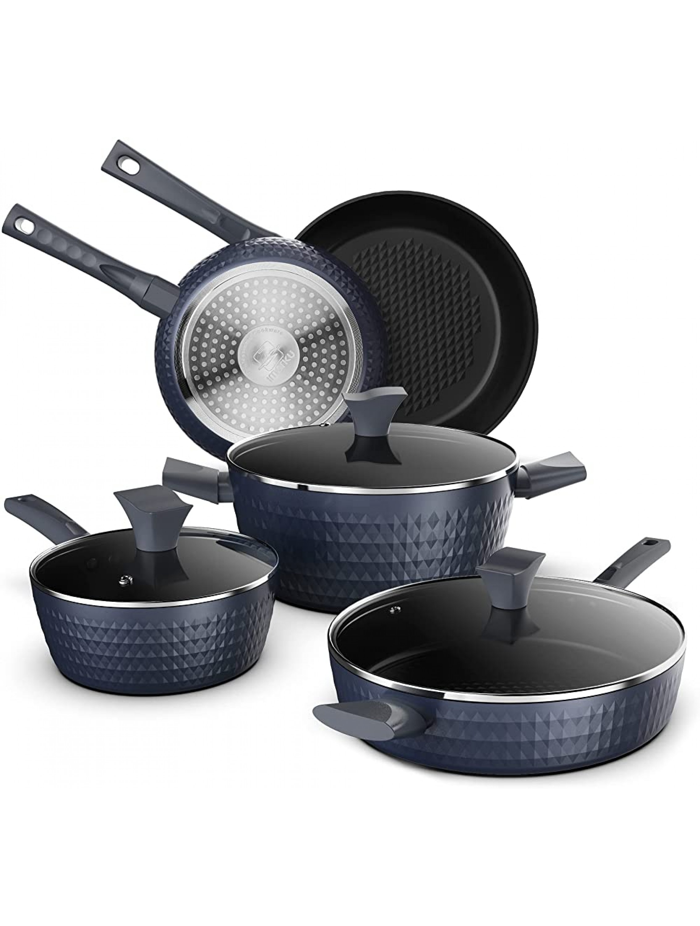 imarku Kitchen Cookware Sets 8-Piece Pots and Pans Set Nonstick with Diamond Surface Induction Cookware Cooking Pots and Pans Oven Safe Blue - B947P1850