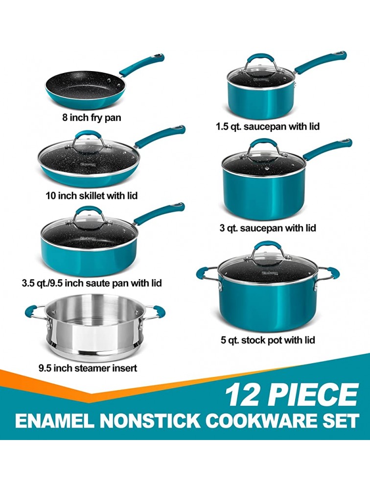 MICHELANGELO Pots and Pans Set Nonstick 12 Piece Kitchen Cookware Sets Enamel Cookware with Granite Nonstick Coating Non Toxic Cookware Set Cyan-blue - B0AT0M1O1