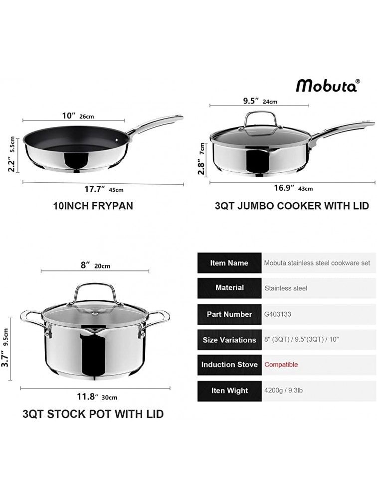 Mobuta 5 Piece Stainless Steel Professional Kitchen Cookware Set Induction Pots and Pans Set with Tri-Ply Base,Glass Lids and Riveted Handles,Dishwasher & Oven Safe - BZSZEVQM3