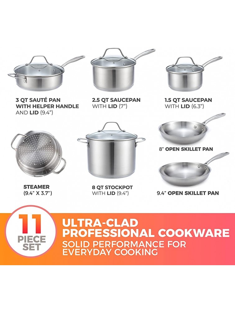 Mueller Pots and Pans Set 11-Piece Ultra-Clad Pro Stainless Steel Cookware Set Ergonomic and EverCool Stainless Steel Handle Includes Saucepans Skillets Stockpot Saute Pan Steamer - BELDJS321
