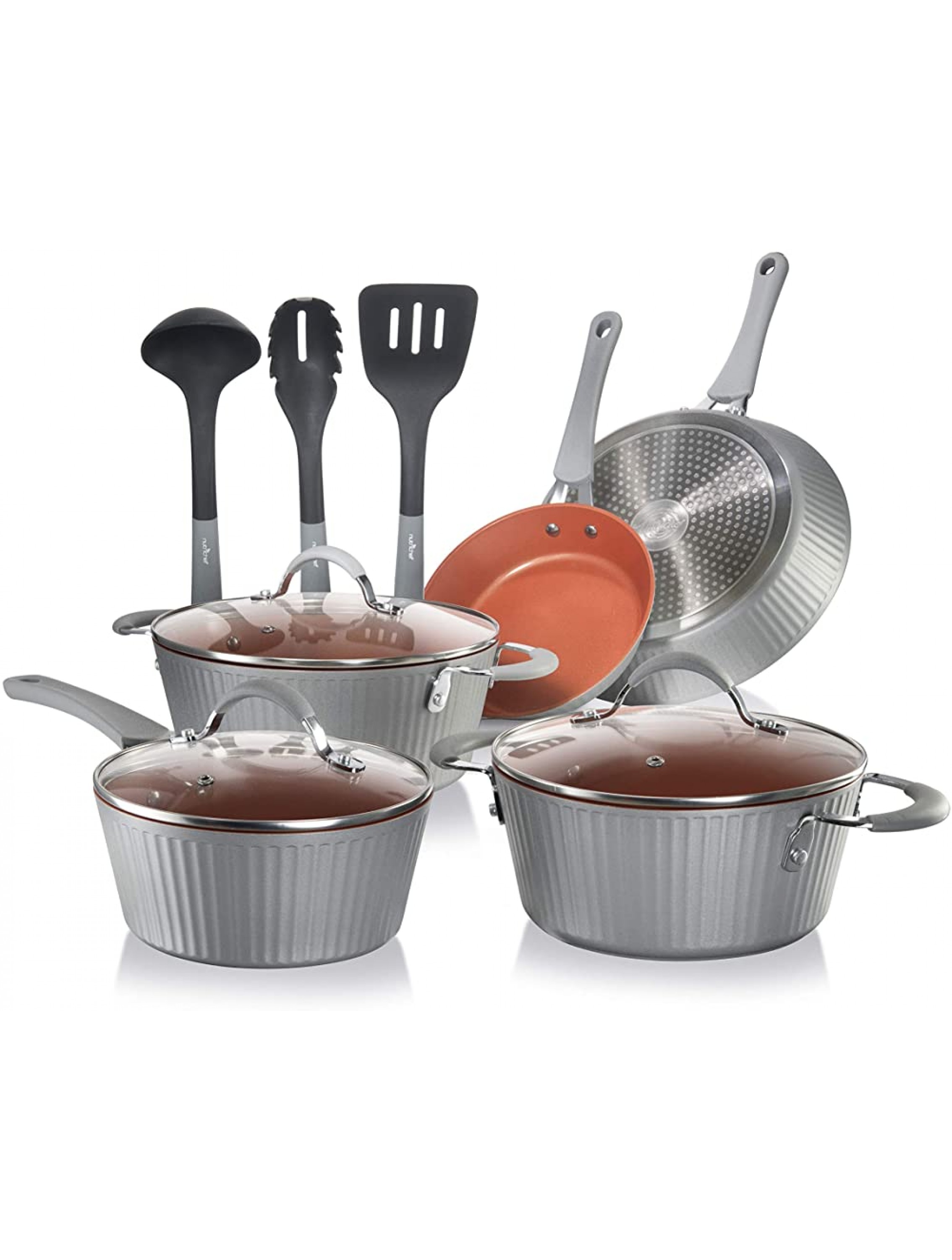 NutriChef Nonstick Cookware Excilon |Home Kitchen Ware Pots & Pan Set with Saucepan Frying Pans Cooking Pots Lids Utensil PTFE PFOA PFOS Free 11 Pcs Gray - BWXKJ70OJ