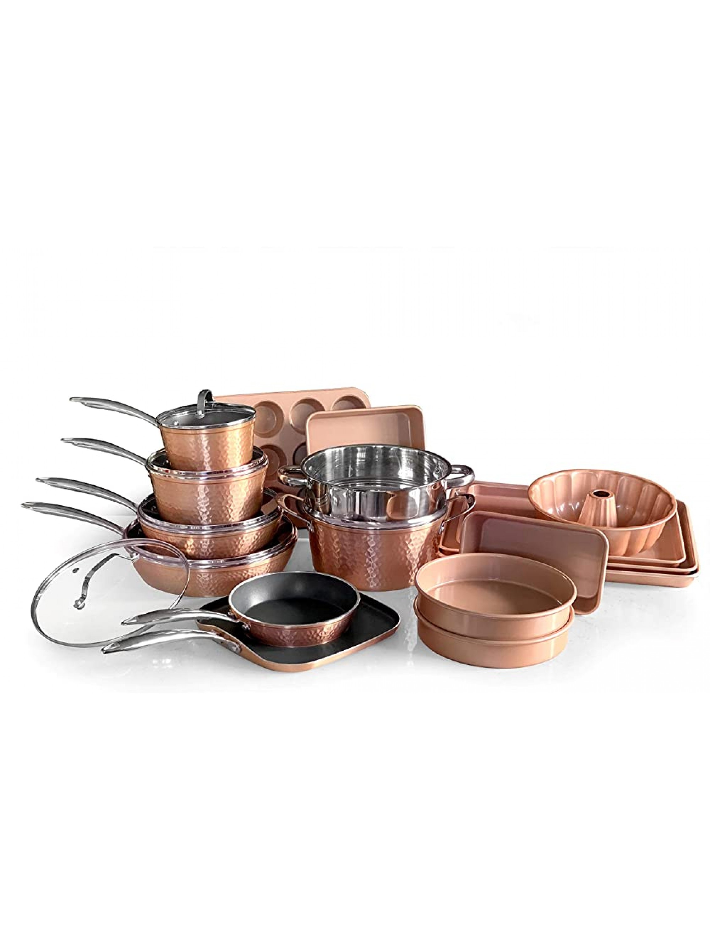 OrGREENiC Rose Hammered Cookware Collection 22 Piece Set with Lids Non-Stick Ceramic for Even Heating | Safe for Dishwasher Oven & StoveTop - BK1M1KGR7