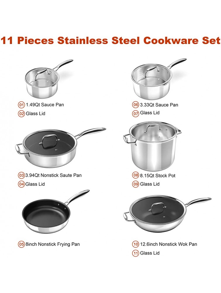 Pots and Pans Set imarku 11-Piece Stainless Steel Kitchen Cookware Sets Nonstick Tri-Ply Clad Cooking Set Dishwasher & Oven Safe Pans for Cooking Induction Cookware for All Cooktops Silver - B10JU5Z9Z