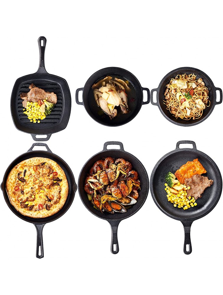 Pre Seasoned Cast Iron 6 Piece Bundle Gift Set Double Dutch Multi Cooker Skillet & Square Grill Pan Kitchen and Outdoor Camping Cookware Bakeware Set 6 Piece - B5E4I4C7W