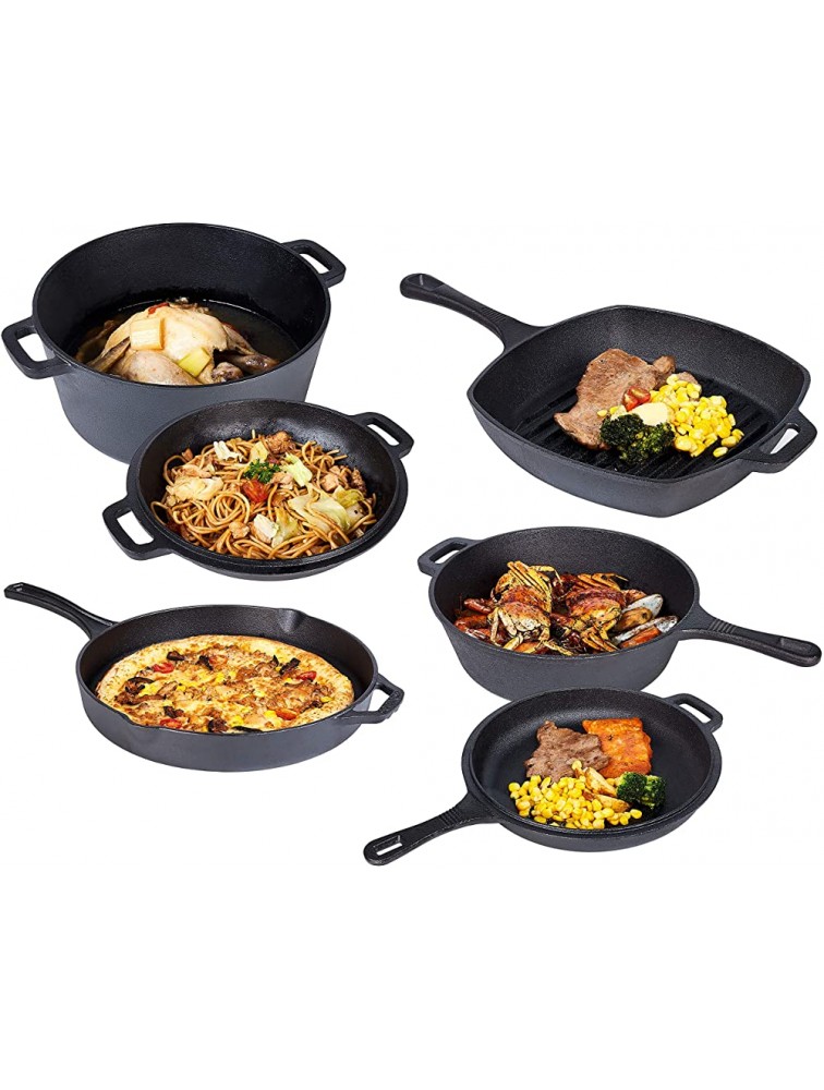 Pre Seasoned Cast Iron 6 Piece Bundle Gift Set Double Dutch Multi Cooker Skillet & Square Grill Pan Kitchen and Outdoor Camping Cookware Bakeware Set 6 Piece - B5E4I4C7W