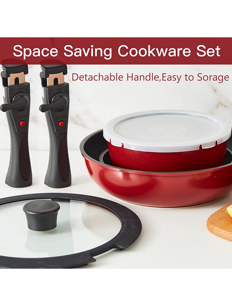 ROCKURWOK 8-Piece Pots and Pans Set Nonstick Nesting Cookware Sets RV Cookware for Campers with 2 Removable Handles Dishwasher Safe Red - B3PBJAB49