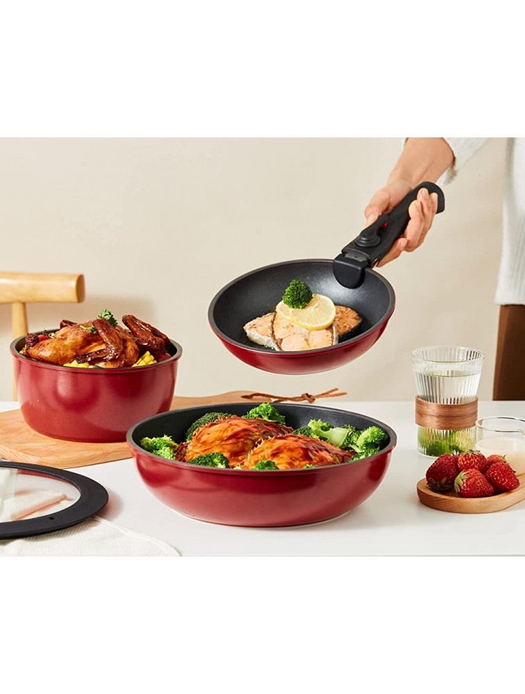 ROCKURWOK 8-Piece Pots and Pans Set Nonstick Nesting Cookware Sets RV Cookware for Campers with 2 Removable Handles Dishwasher Safe Red - B3PBJAB49